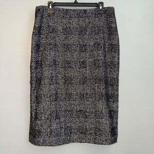 EUC Talbots Wool Blend Plaid Tweed Grey Black Pencil Skirt Size 14